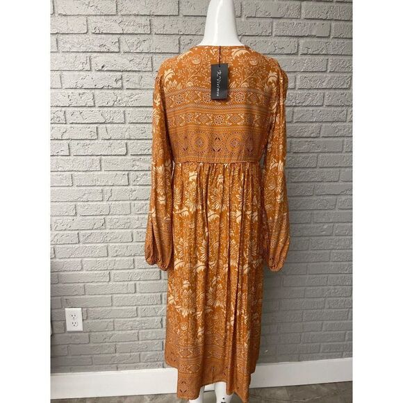 NWT R. Vivimos Boho Tie Front Tassel Balloon Sleeve Ankle Dress Size S - Picture 2 of 13